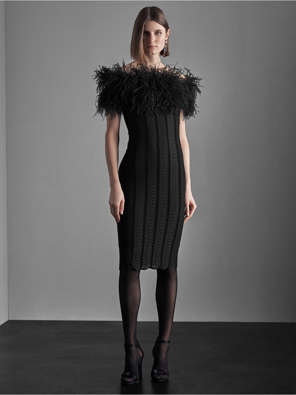 Ralph Lauren Collection Black Off Shoulder Feather Cocktail Dress Bodycon Midi S